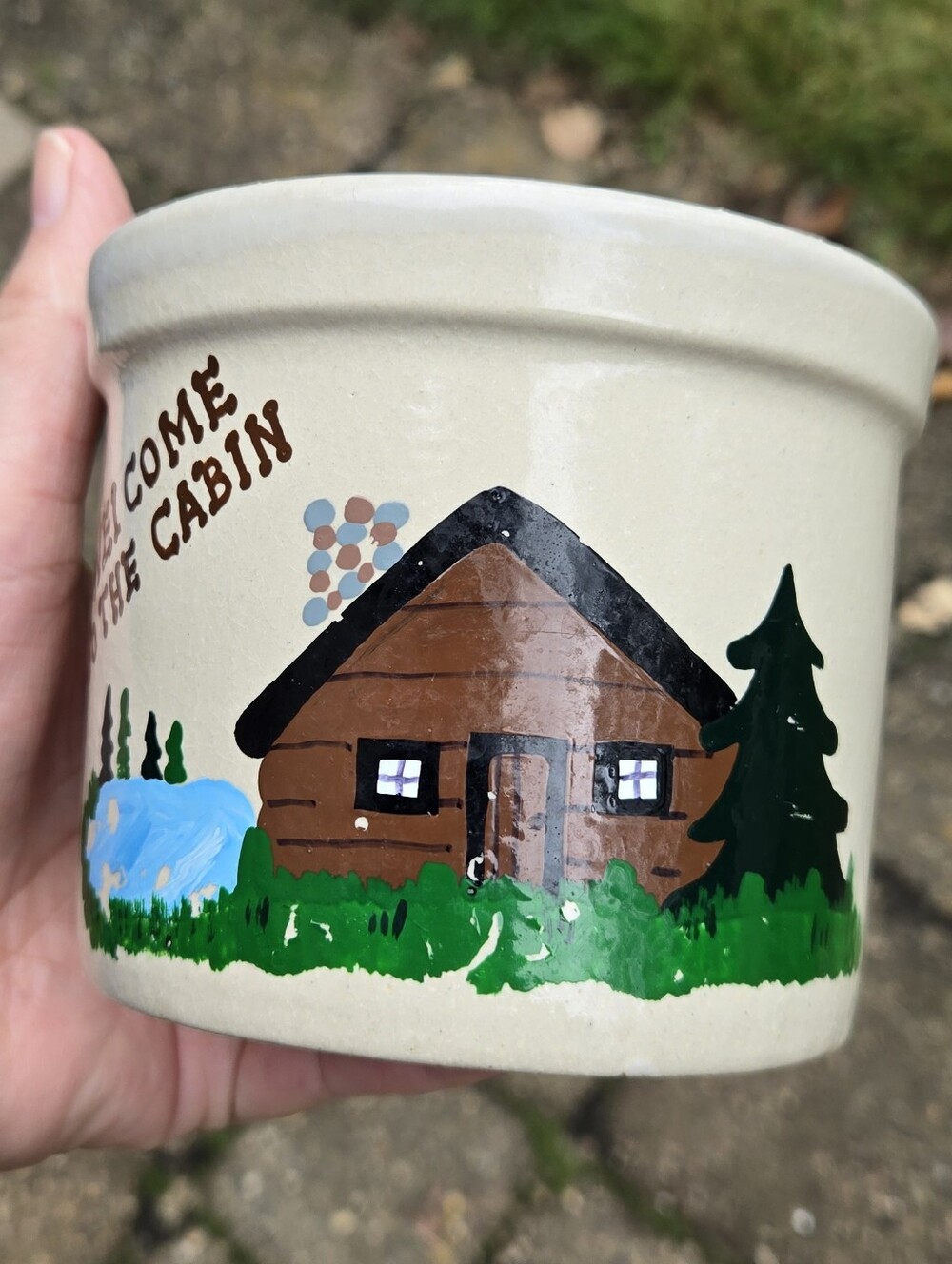 Roseville Vtg 1 Pint Pottery Crock "Welcome To The Cabin" Ohio USA signed